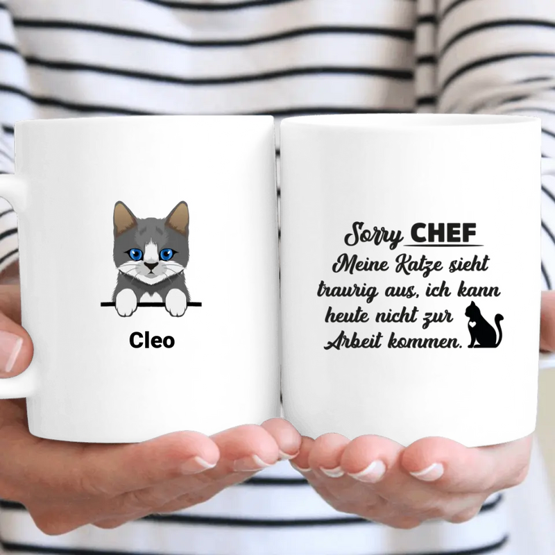 Traurige Katze, kann nicht arbeiten - Personalisierbare Tasse